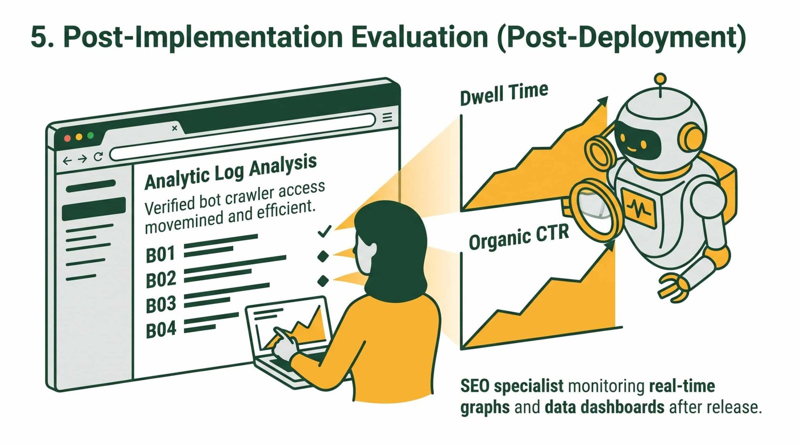 Ilustrasi pemantauan dasbor analitik dan analisis log server pasca-peluncuran. Menampilkan aktivitas bot perayap yang berjalan efisien di samping grafik metrik keterlibatan pengguna yang stabil.