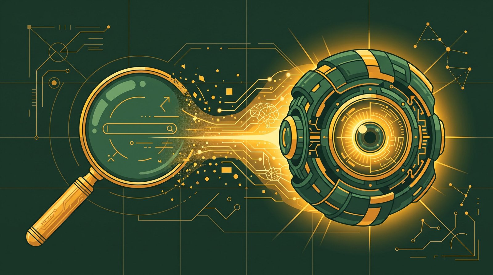 Konsep visual kaca pembesar tradisional berwarna hijau yang bertransformasi menjadi lensa robotik kecerdasan buatan berwarna emas, melambangkan evolusi mesin pencari.