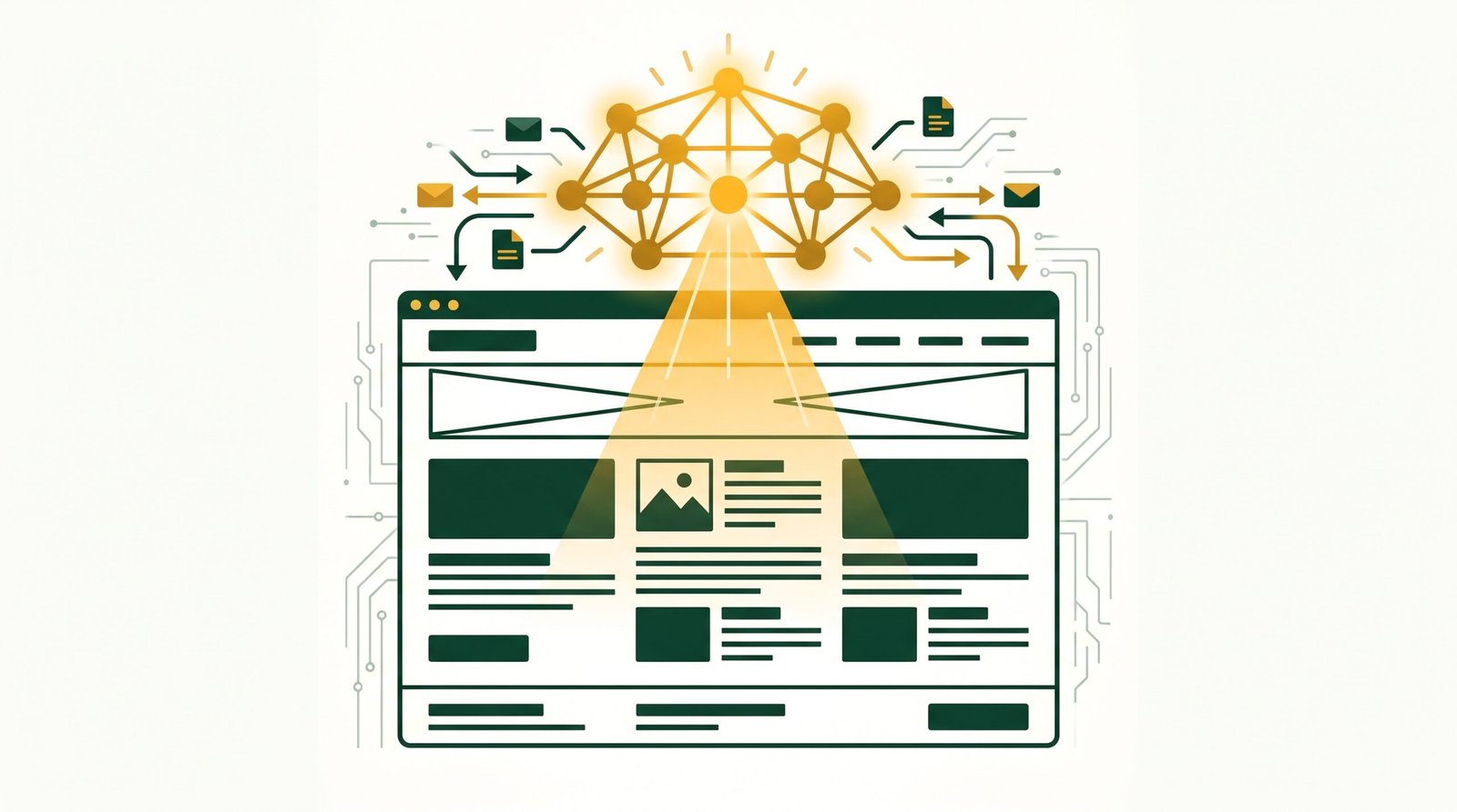 Ilustrasi teknis jaringan saraf tiruan AI berwarna amber gold yang sedang memindai dan mengekstrak data dari wireframe antarmuka website berwarna forest green.