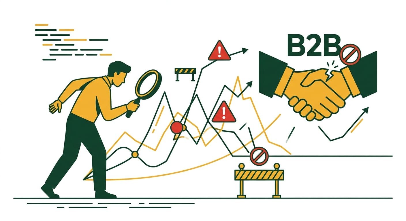 Gambar ilustrasi vektor bergaya bersih yang menampilkan seorang figur analis sedang melakukan investigasi menggunakan kaca pembesar pada grafik data analitik yang kompleks. Berbagai tanda peringatan dan simbol penghalang menandai titik-titik kritis di mana alur pengguna terhenti. Di sampingnya terdapat visualisasi kegagalan proses jabat tangan B2B, melambangkan hambatan dalam konversi klien korporat.