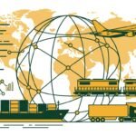 Ilustrasi vektor minimalis yang menggambarkan transformasi digital total perusahaan logistik. Desainnya menampilkan jaringan global terintegrasi yang menghubungkan berbagai moda transportasi (kapal peti kemas, pesawat kargo, kereta api, dan truk) yang didukung oleh visualisasi analisis data dan grafik diagnostik teknis dengan tren peningkatan kinerja.