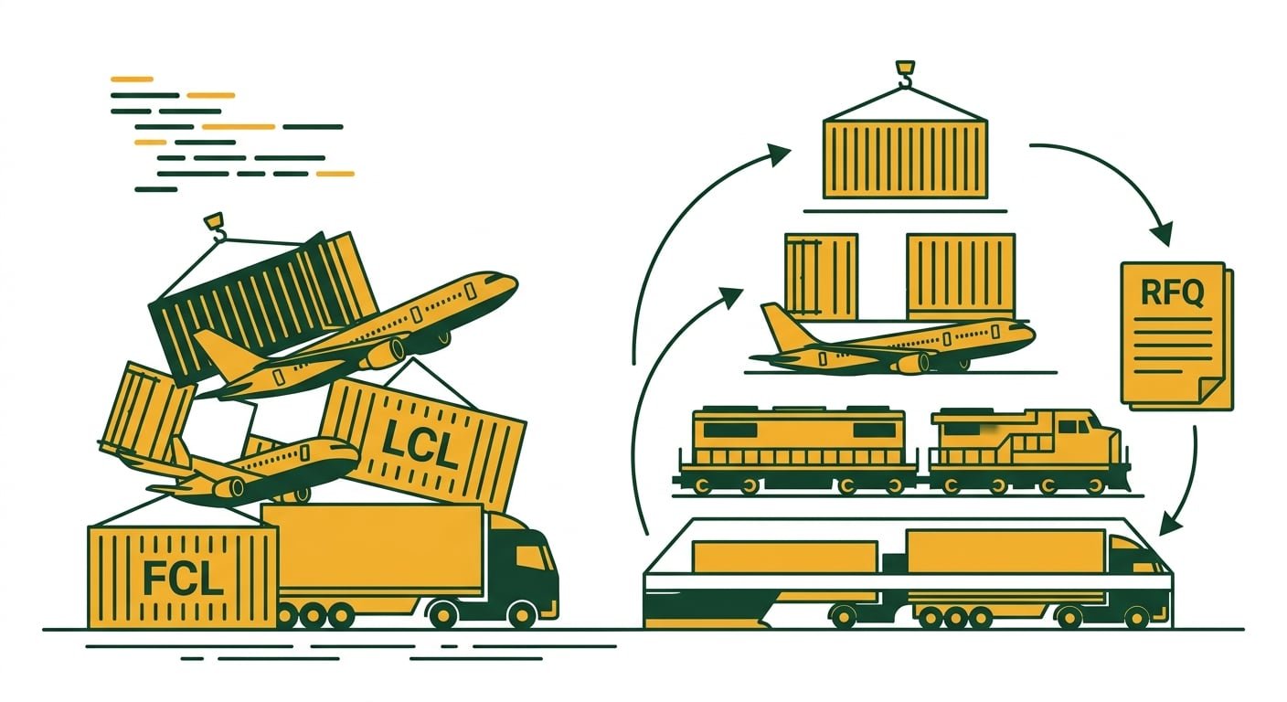 Ilustrasi vektor minimalis yang membandingkan dua keadaan arsitektur data. Sisi kiri menampilkan tumpukan tidak teratur dari berbagai ikon layanan (FCL, LCL, udara, darat). Sisi kanan menampilkan ikon-ikon yang sama tersusun rapi dalam hierarki digital yang logis dan terstruktur. Panah penunjuk alur menunjukkan jalur pengguna yang disederhanakan menuju formulir Permintaan Penawaran (RFQ) yang efisien.