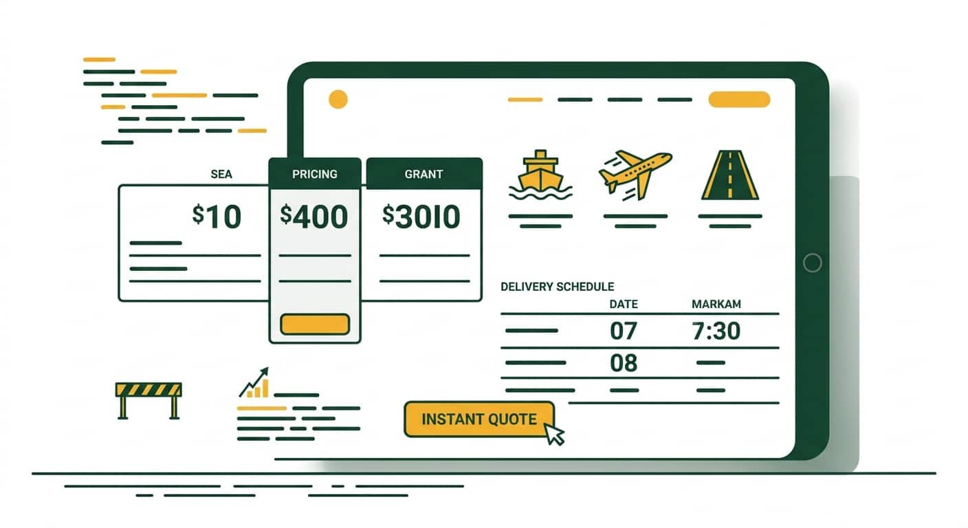 Ilustrasi vektor minimalis yang menampilkan antarmuka website modern yang bersih pada layar tablet. Tata letak menekankan penggunaan ruang kosong yang luas untuk menyajikan tabel harga dan jadwal pengiriman yang rapi. Angka dan label menggunakan tipografi sans-serif geometris yang besar dan jelas untuk keterbacaan optimal.