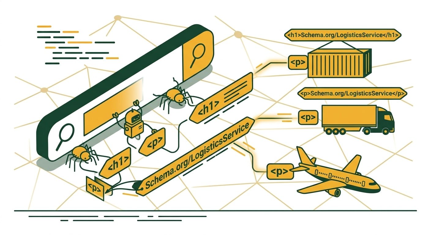 Ilustrasi vektor minimalis tentang data terstruktur dalam jaringan digital. Bilah pencarian besar ditampilkan sebagai gerbang utama, dengan robot-robot kecil perayap mengekstrak tag kode spesifik seperti , , dan Schema.org/LogisticsService dari aset logistik yang ditandai. Garis data menghubungkan elemen-elemen ini ke jaringan pencarian, melambangkan optimasi mesin telusur teknis dan ekstraksi AI yang efisien.