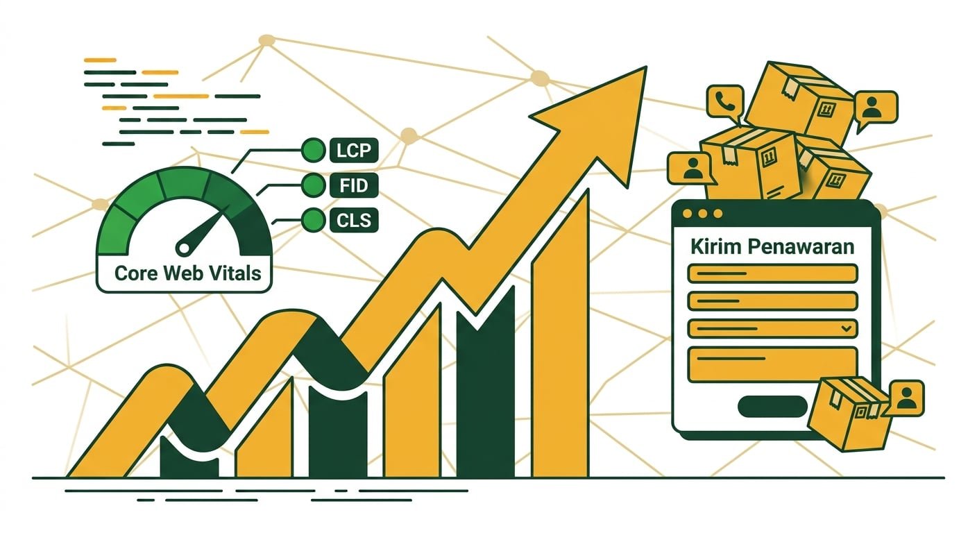 Ilustrasi vektor minimalis yang menggambarkan hasil optimasi website yang sukses. Grafik tren peningkatan yang kuat mendominasi gambar, menunjukkan pertumbuhan volume. Di sampingnya terdapat indikator performa Core Web Vitals yang menunjukkan tingkat kecepatan optimal. Formulir permintaan penawaran yang disederhanakan terlihat meluap dengan ikon kargo dan kontak, melambangkan peningkatan signifikan dalam akuisisi prospek yang berkualitas.