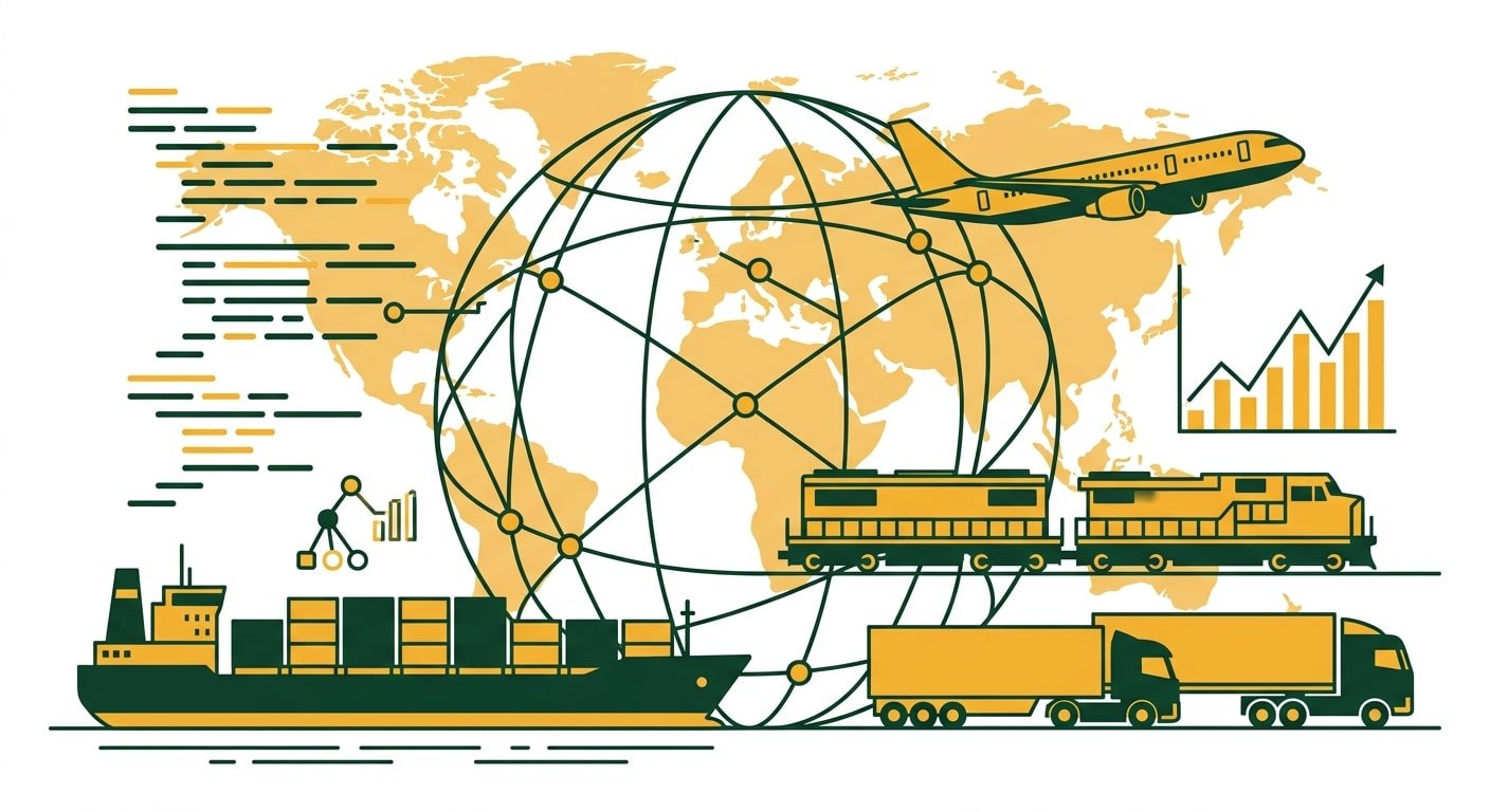 Ilustrasi vektor minimalis yang menggambarkan transformasi digital total perusahaan logistik. Desainnya menampilkan jaringan global terintegrasi yang menghubungkan berbagai moda transportasi (kapal peti kemas, pesawat kargo, kereta api, dan truk) yang didukung oleh visualisasi analisis data dan grafik diagnostik teknis dengan tren peningkatan kinerja.