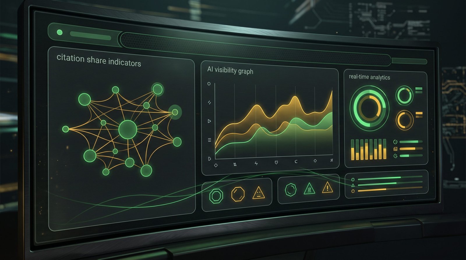 Dasbor analitik diagnostik futuristik yang menampilkan grafik metrik visibilitas AI dan indikator pembagian sitasi (citation share).