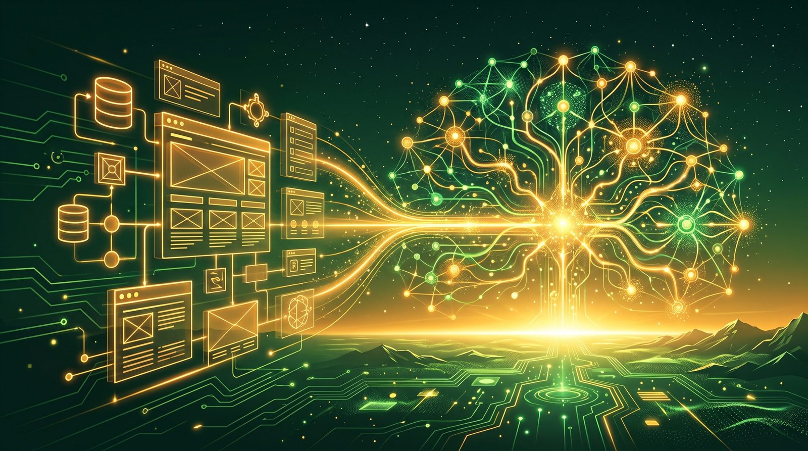 Lanskap digital futuristik di mana arsitektur struktur website modern menyatu secara mulus menjadi ekosistem kecerdasan buatan.