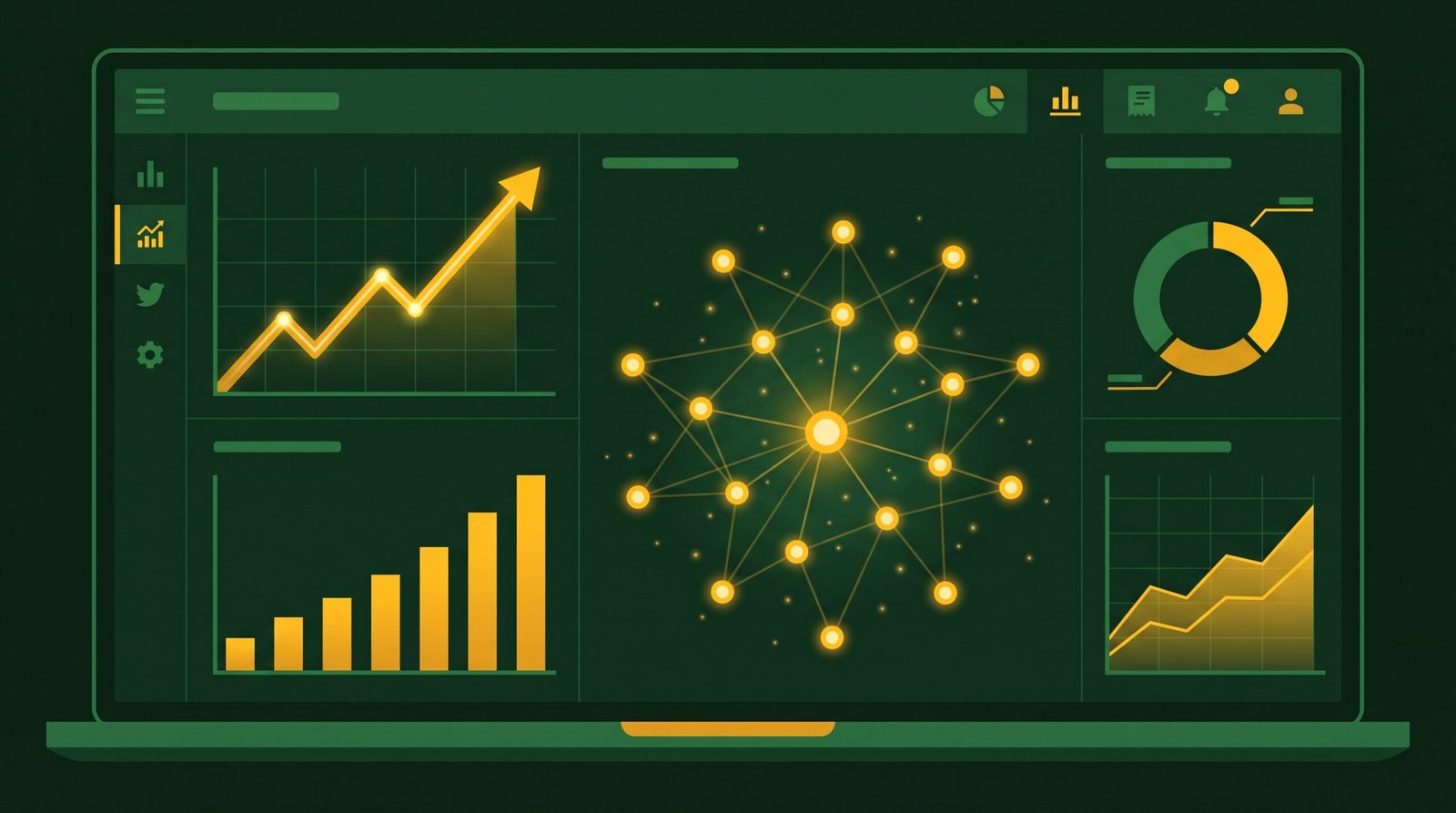 Layar analitik diagnostik yang menampilkan grafik pertumbuhan positif dan jaringan entitas yang saling terhubung, merepresentasikan peningkatan metrik brand mention.