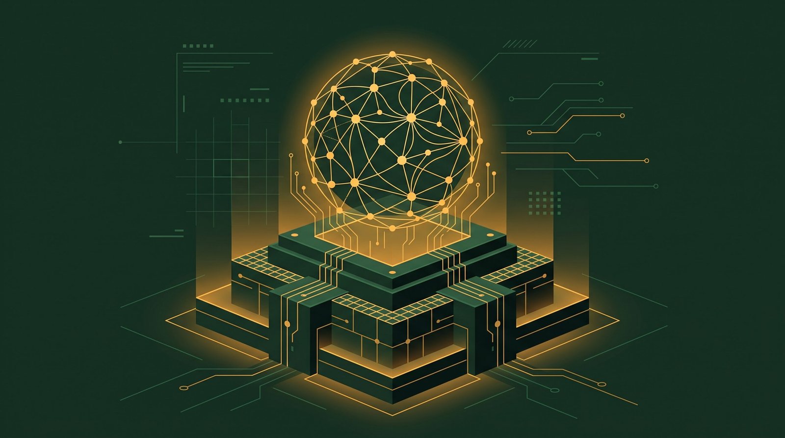 Fondasi arsitektur geometris berwarna forest green yang kokoh, menopang bola jaringan saraf tiruan bersinar berwarna amber gold, melambangkan stabilitas infrastruktur AI.