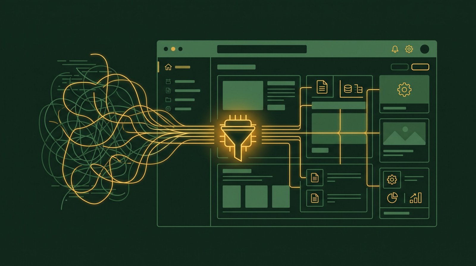 Antarmuka sistem manajemen konten (CMS) minimalis berwarna forest green yang menunjukkan proses reduksi kerumitan kode menjadi jalur data yang terstruktur berwarna amber gold.