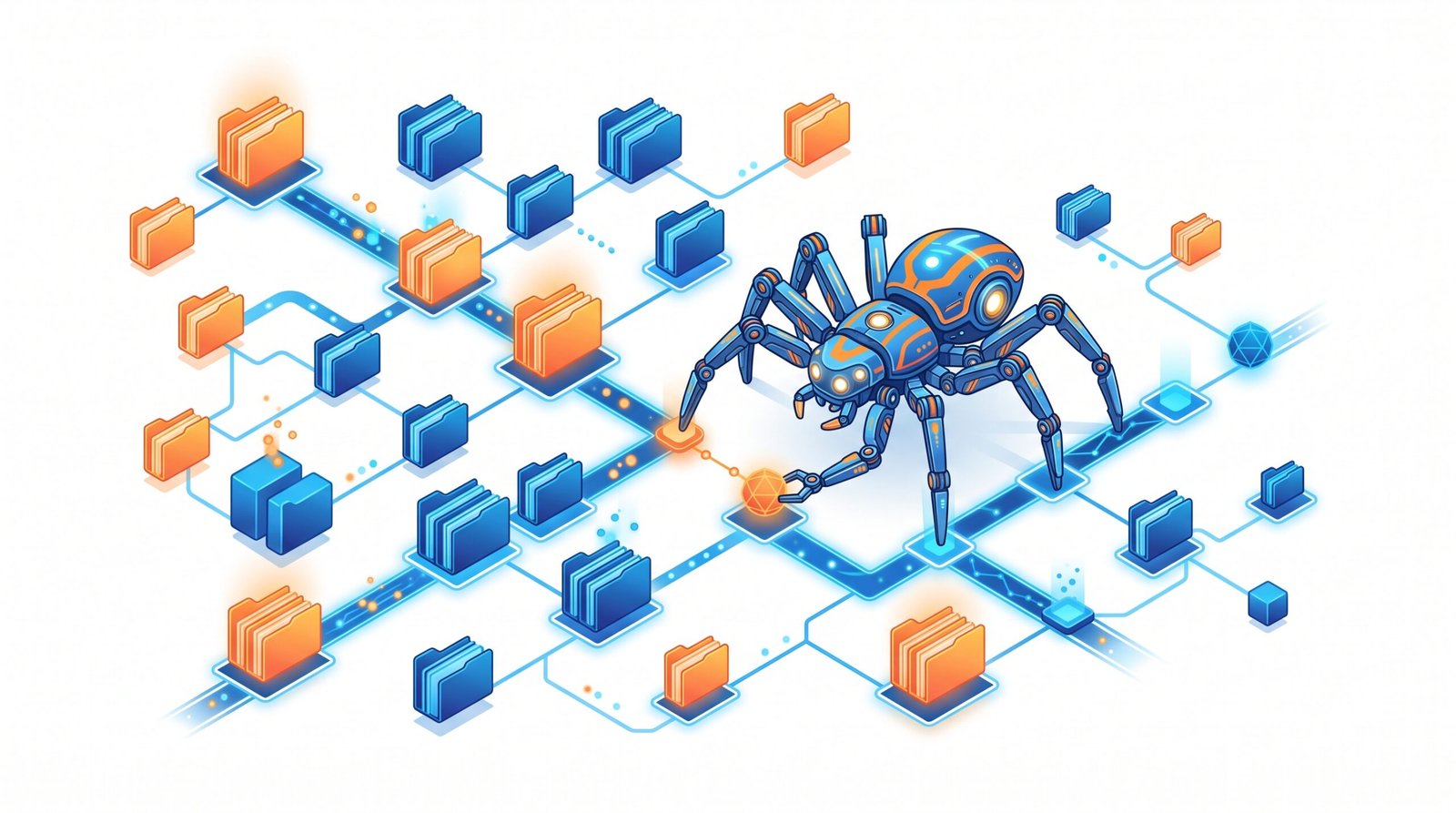 Crawler penelusuran berbentuk laba-laba mekanik menavigasi struktur direktori silo dan simpul URL website.