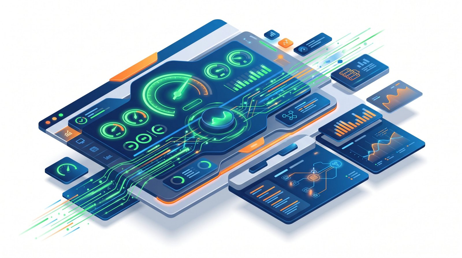 Dashboard diagnostik teknis menampilkan indikator kecepatan server, latensi data, dan metrik Core Web Vitals.