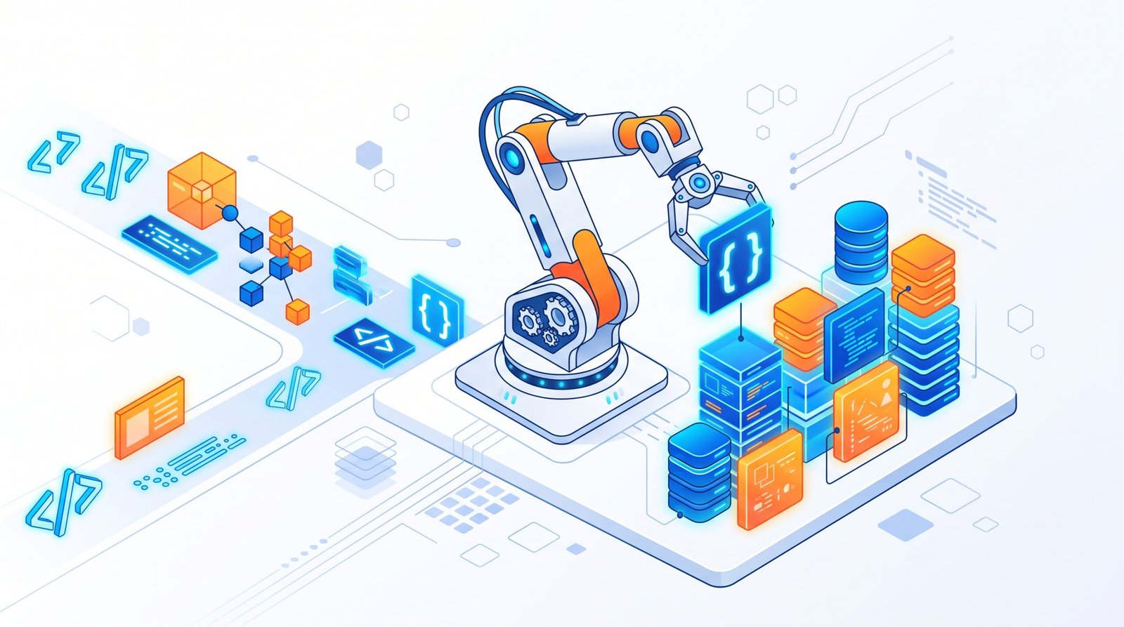 Lengan robot menyusun tag HTML dan blok data terstruktur untuk optimalisasi pemrosesan algoritma penelusuran.