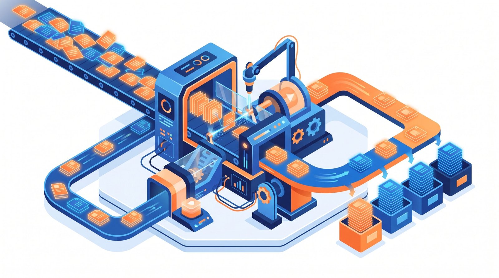 Mesin konveyor digital memfilter dan menyortir halaman dokumen untuk mengeliminasi duplikasi arsitektur konten.