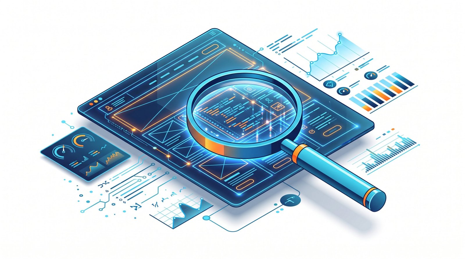 Ilustrasi isometrik kaca pembesar mengevaluasi blueprint arsitektur website dan grafik metrik diagnostik SEO on-page.