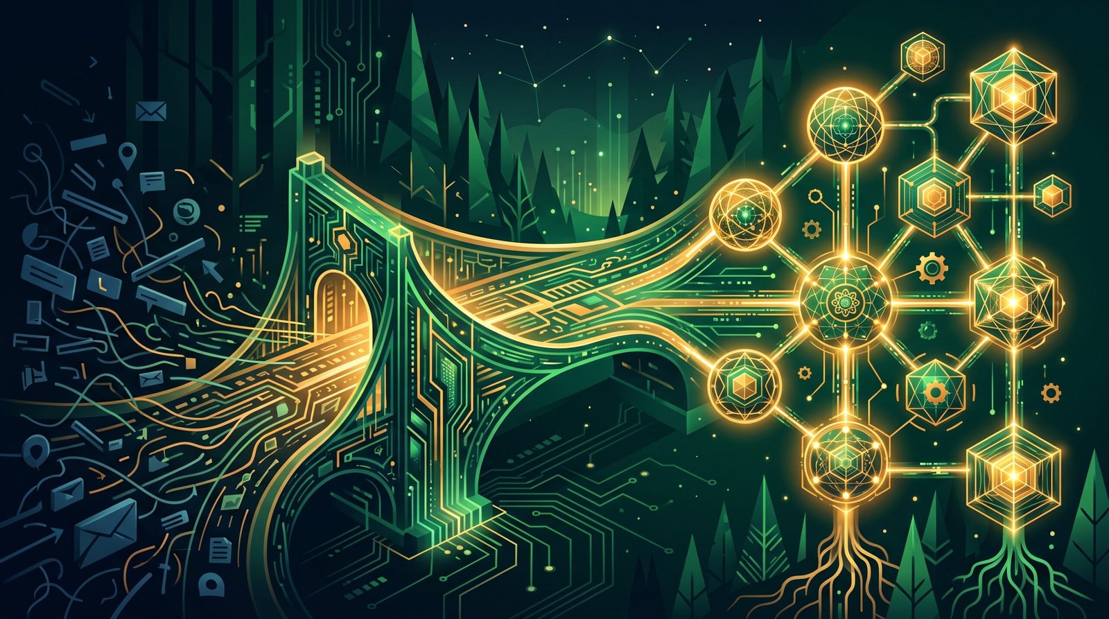 Ilustrasi jembatan digital yang mentransformasikan tautan pencarian tradisional menjadi simpul sintesis kecerdasan buatan yang saling terhubung