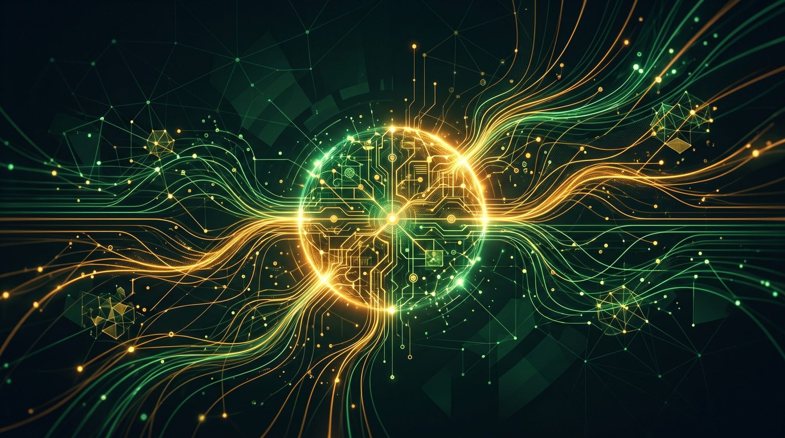 Ilustrasi jaringan data digital yang menyatu ke dalam inti saraf AI berwarna hijau dan emas, merepresentasikan konsep Generative Engine Optimization (GEO)