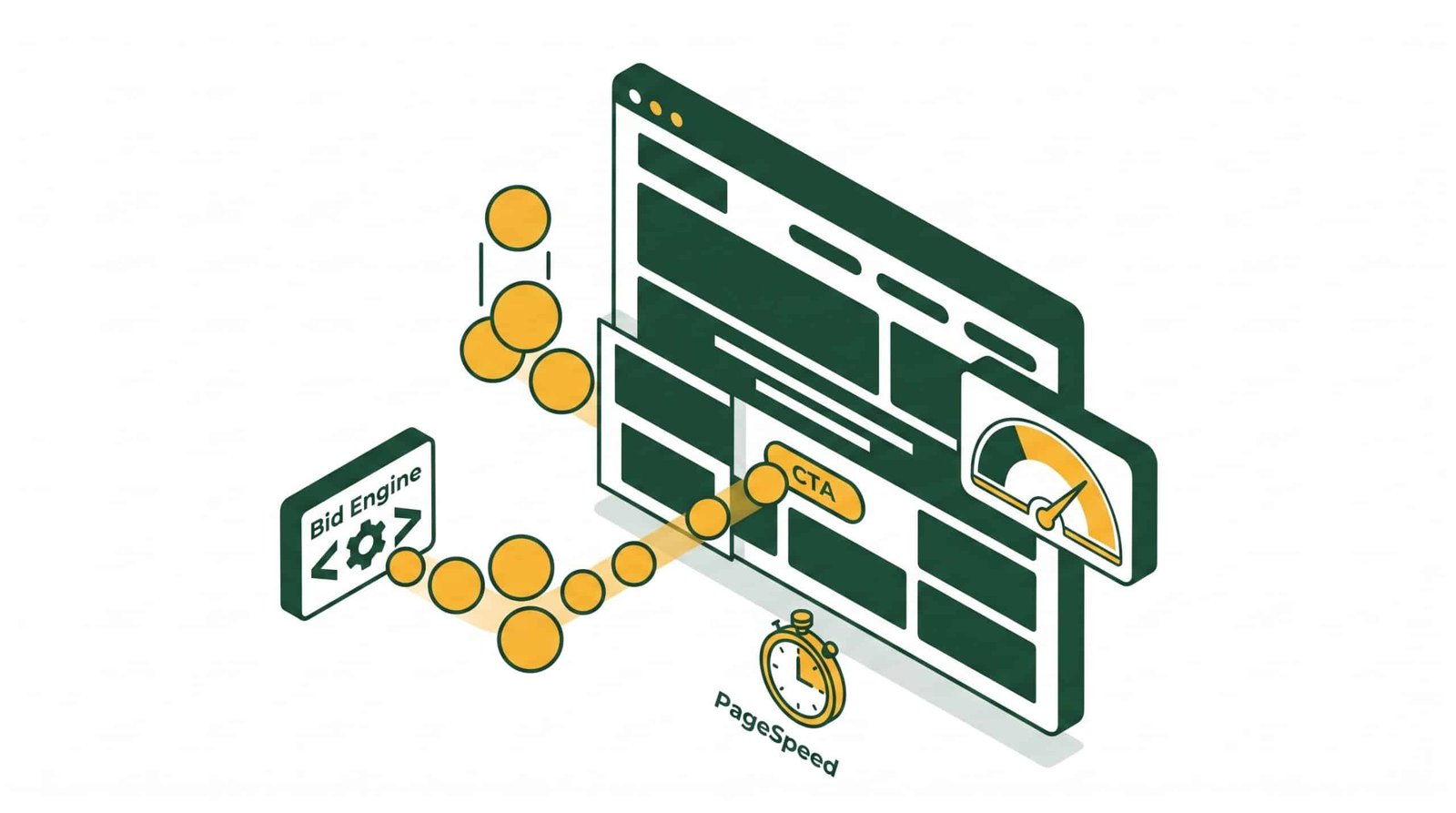 Ilustrasi antarmuka landing page yang menerima aliran data konversi, dilengkapi indikator kecepatan pemuatan halaman (PageSpeed) dan skor kualitas.