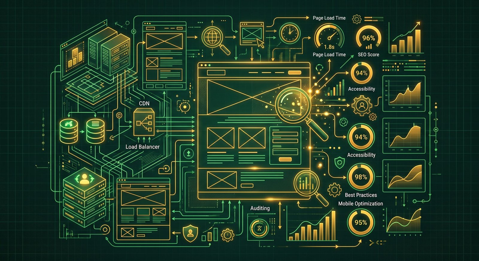 Cetak biru digital (blueprint) halaman web yang menampilkan elemen wireframe, struktur server, dan metrik performa bercahaya hijau dan kuning emas.