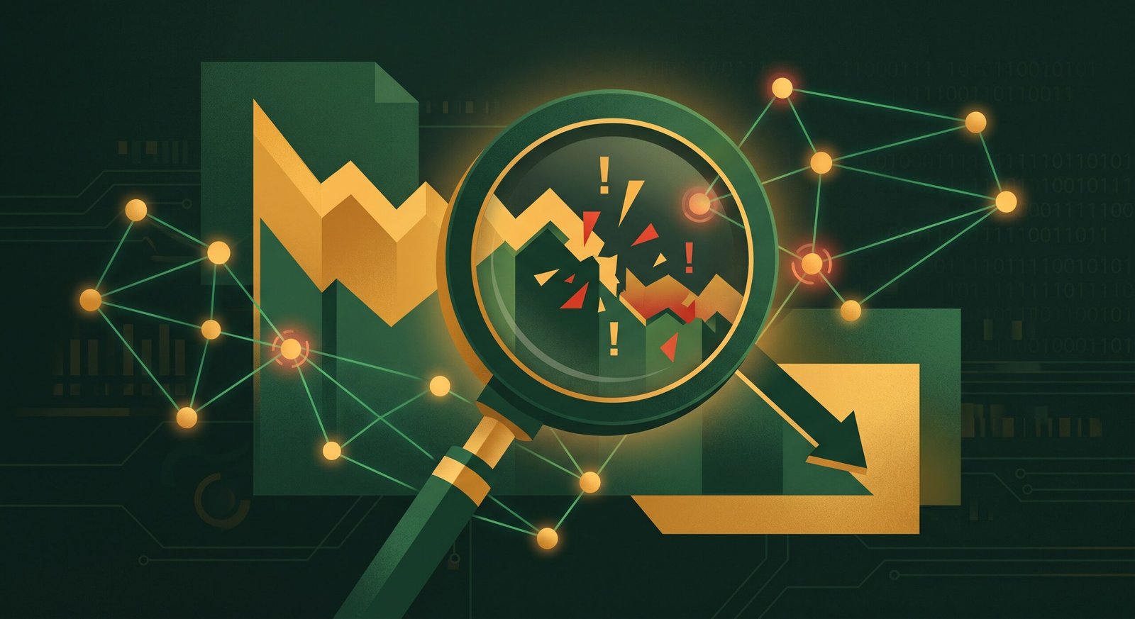Ilustrasi kaca pembesar menyoroti celah pada grafik garis yang berfluktuasi beserta titik-titik data digital berwarna hijau dan emas, melambangkan proses pencarian akar masalah.