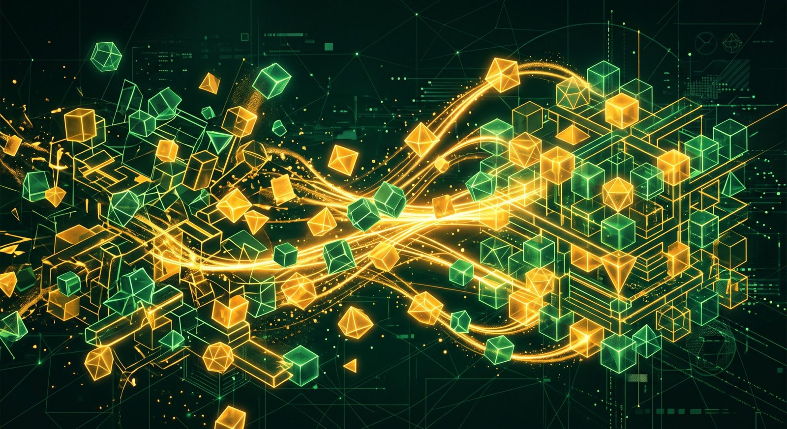 Balok-balok geometris digital bercahaya emas dan hijau yang sedang diatur dan disusun ulang, menggambarkan proses restrukturisasi arsitektur sistem.